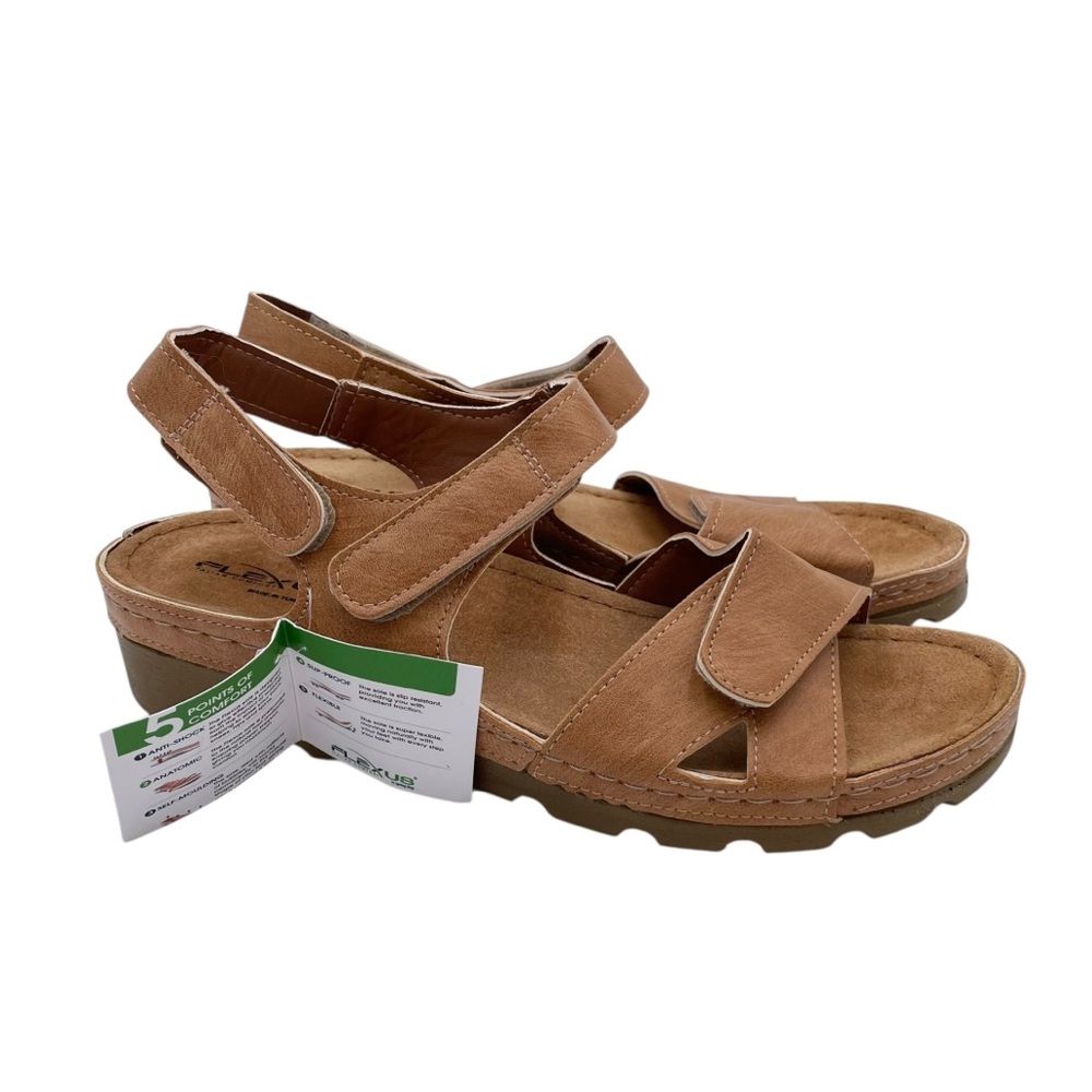 NEW Flexus Orwell Sandals Size 39 US 8.5 Tan Brown Faux Leather Strappy Comfort